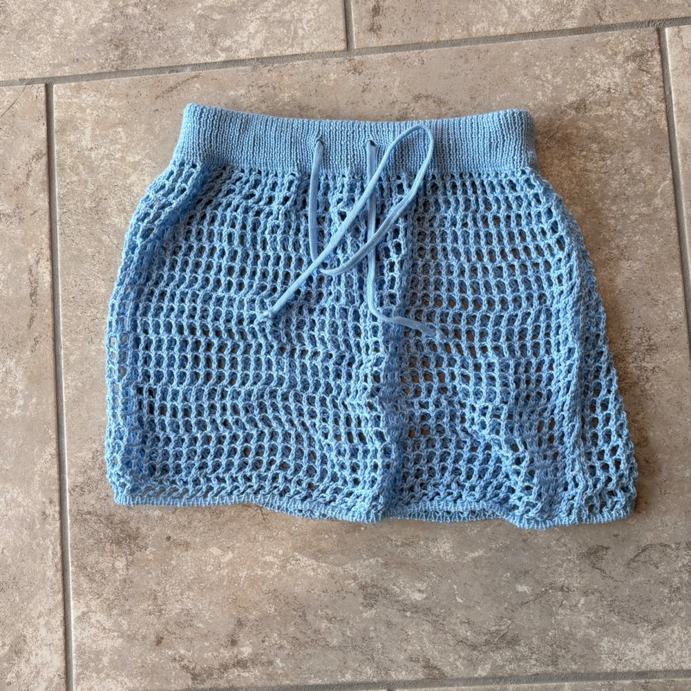 Y2K Baby Blue Crochet Mini Skirt Open Knit Beach Cover Up Festival